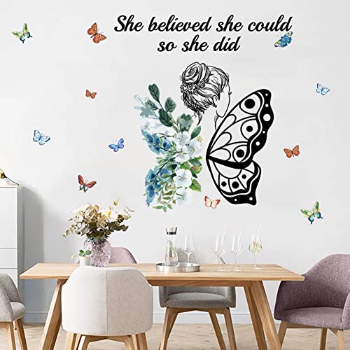 Girls Inspirational Wall Sticker Decal Wall Art Quote She Believed She Could So She Did Wall Decal Butterfly Motivational All Stickers Peel And Sticker Wall Decoration For Women Girls Bedroom Living Room Decor #TOP5