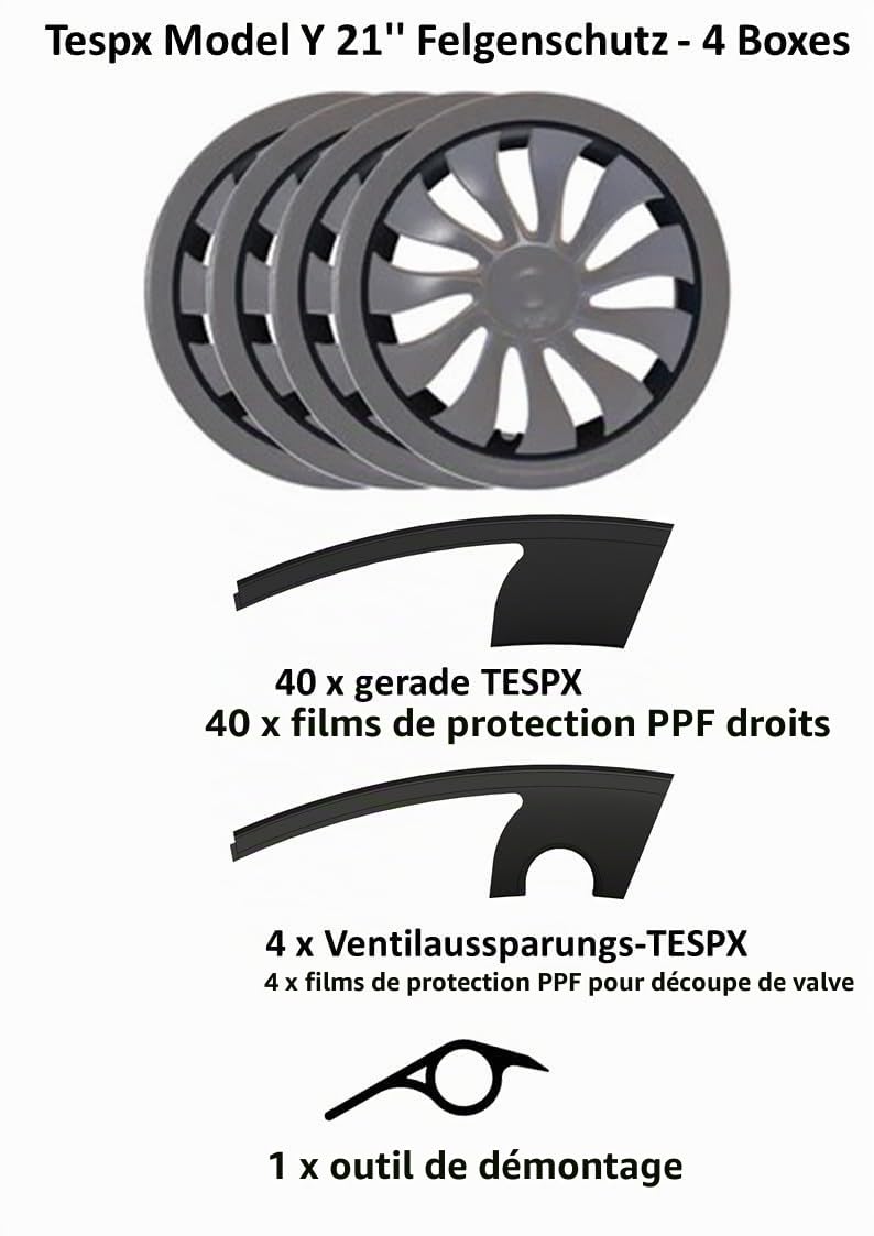 Tesla Model Y Uberturbine Lot de 4 Protections de Jantes 21" – Serrage de Serrage Ultra Solide sans Colle, Coupe de précision CNC, PPF avec kit Complet (4 Roues) – Noir