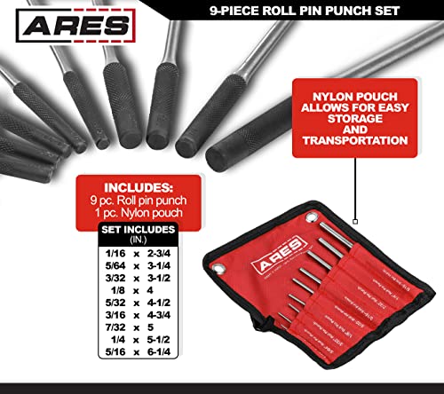 Ares 10021 – 9-Piece Roll Pin Punch Set – Durable Heat Treated And Drop Forged Steel Pin Punches With Pouch -Ideal For Automotive Repair, Gunsmithing, Craft Work, And Jewelry Repair #TOP1