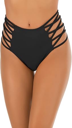 Panegy Womens High Waisted Bikini Bottoms Tummy Control Strappy Bathing Suit Bottom