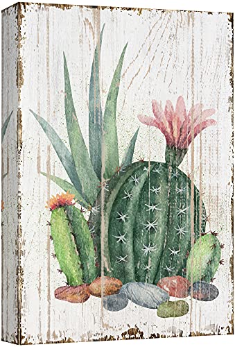 NWT Canvas Print Wall Art Green Cactus with Pink Flowering Bud Floral Succulent Watercolor Modern Art Southwest Scenic Relax Calm Multicolor Cool for Living Room, Bedroom, Office - 12 x18