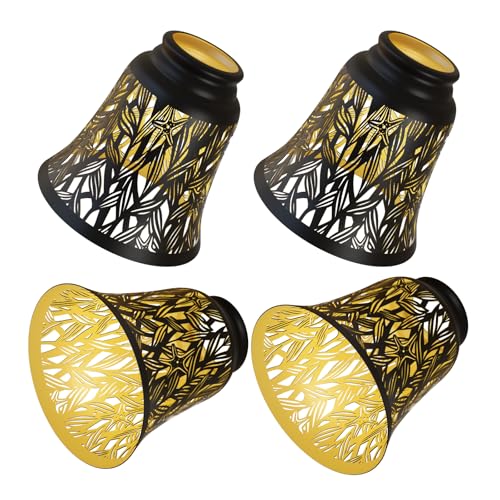 Image of 4 pack ceiling fan light covers- small lamp shades,mini lamp shades,metal lamp shade for pendant light shade, wall lamp, with 1-5 /8 inch Fitter, 4-3 /4 inch Height and 4-3 /4 inch Diameter, black and gold colors.