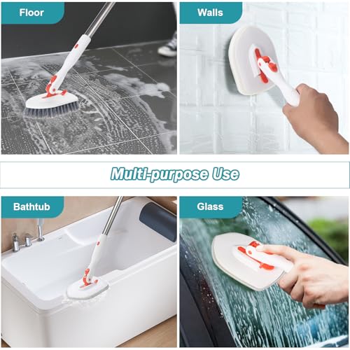Roxanex 3-in-1 Badezimmer-Wannenfliesenschrubber, 5 Scheuerbürsten, verbesserte Duschreinigungsbürste für Badewanne, Boden, Wand, Küche, Nassraum, Auto, Sockelleiste, ausziehbarer 130 cm langer Griff