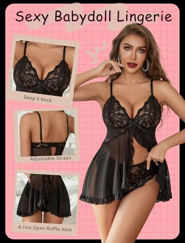 Avidlove Sexy Lingerie for Women Lace Babydoll Lingerie Dress Boudoir Lingerie V-Neck Front Open Ruffle Chemise3