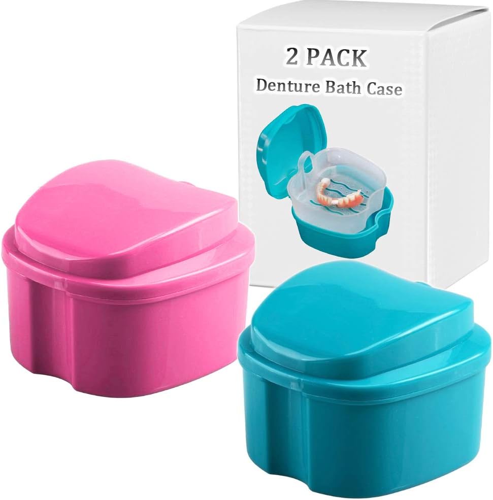 Denture Bath Box Cup, Complete Clean Care for Dentures, Clear Braces, Mouth Guard, Night Guard & Retainers,Traveling (Blue & Pink)