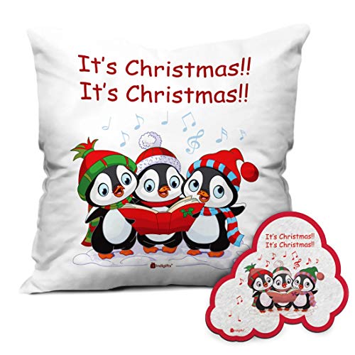 Image of Indigifts It's Christmas Printed Micro Satin and Fibre Cushion Cover with Filler (12x12-inch, White) & Magnet Combo Set