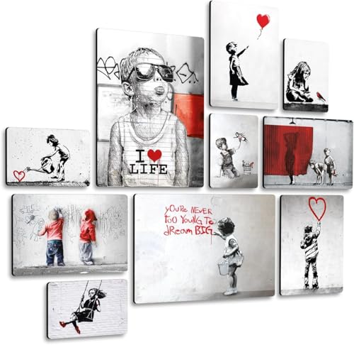 Giallobus - Satz von 10 mehrteiligen Gemälden - Banksy - Sammlung 2 - MDF-Holz - - 2 x 42x29,7cm - 4 x 29,7x21cm - 4 x 21x14,85cm - - Fertig zum Aufhängen – Gemälde