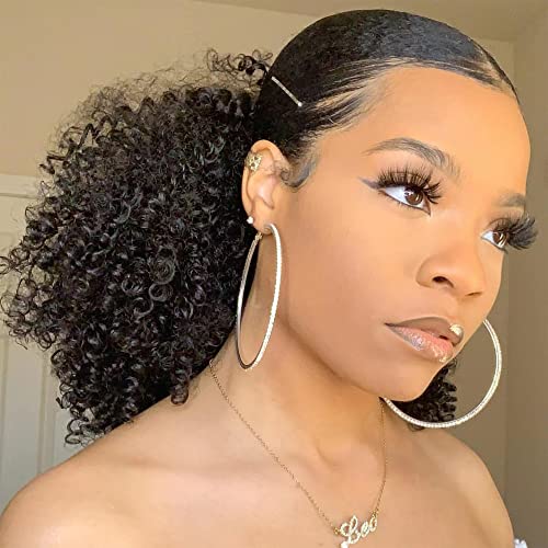 HLSK Afro Puff Drawstring Ponytail Human Hair for Black Women(10 Inch), 150% Density 10A Brazilian Virgin Human Hair Ponytail, 3A 4C Afro Kinky Curly Clip in Ponytail Extension for Natural Black Hair