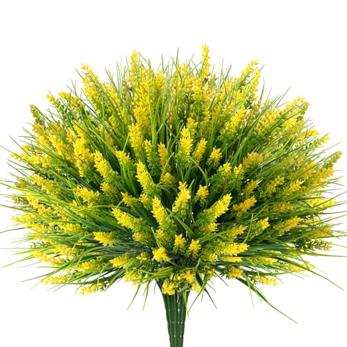 20 Bundles Artificial Plants Outdoor, UV Resistant Fake Flowers, Realistic Faux Lavender Shrubs for Porch Garden Window Box Home Decoration (Yellow)