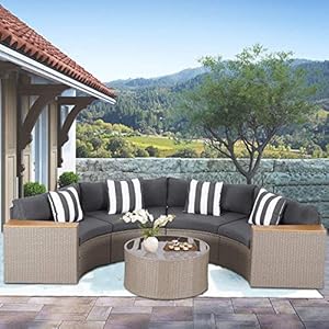 Incbruce outdoor half moon patio furniture 5 piece curved outdoor sofa all weather outdoor sectional furniture patio conversation sets with round tempered glass top table grey cushions  urban country home decor