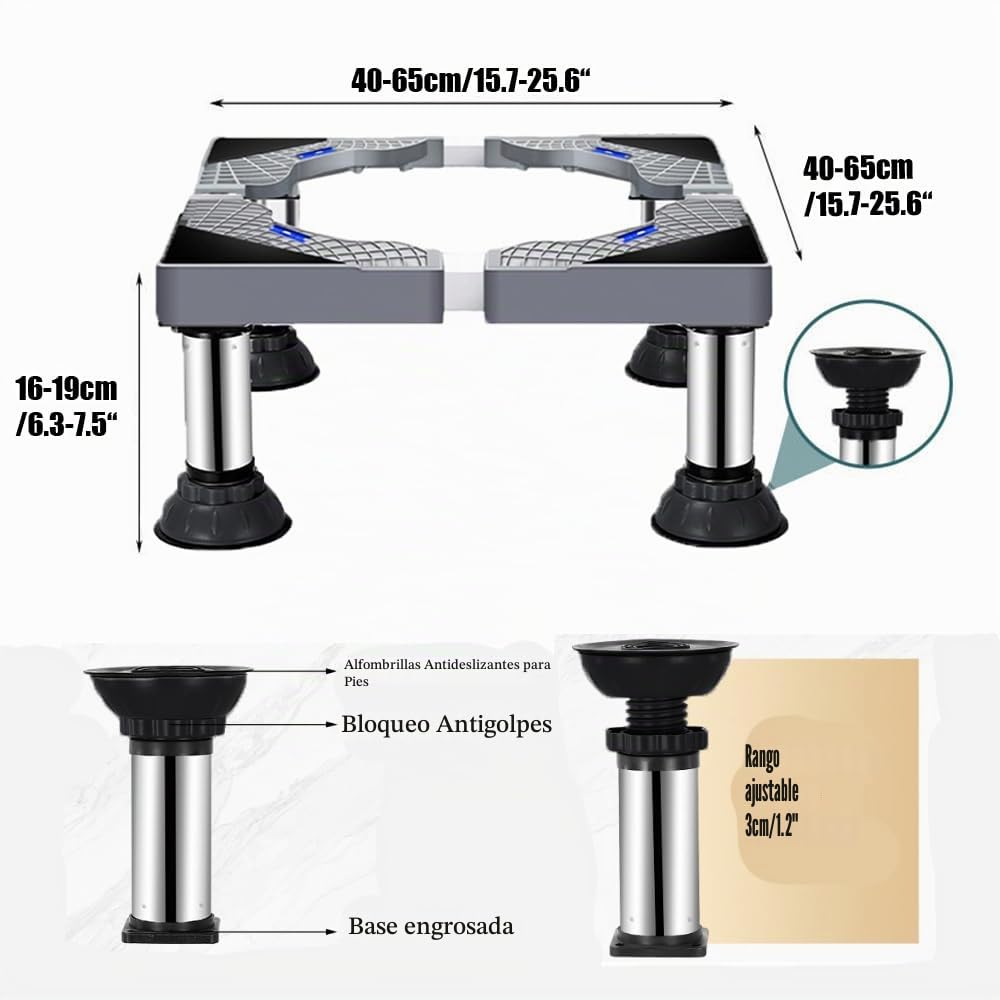 Base de lavadora con pies reforzados Soporte de lavadora Base de lavadora para nevera, secadora Soporte de carga 200 kg, ancho y altura ajustables (40-60 cm, 16-19 cm)