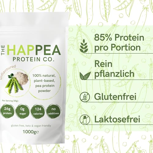 HAPPEA 1 kg Hochwertiges Vegan Erbsenprotein Pulver - 85% Protein - Veganes Proteinpulver, Geschmacksneutral, Ohne Zucker, Ideal für Muskelaufbau & Diät, Hoch Löslich, 100% GVO-frei