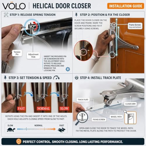 Image of VOLO Door Closer | Heavy Duty Automatic Door Closer | Adjustable Door Speed for Home Office Hotel & Commercial Doors | 1 Year Warranty | (Helical Chrome | 50 Kg Capacity | Spring)