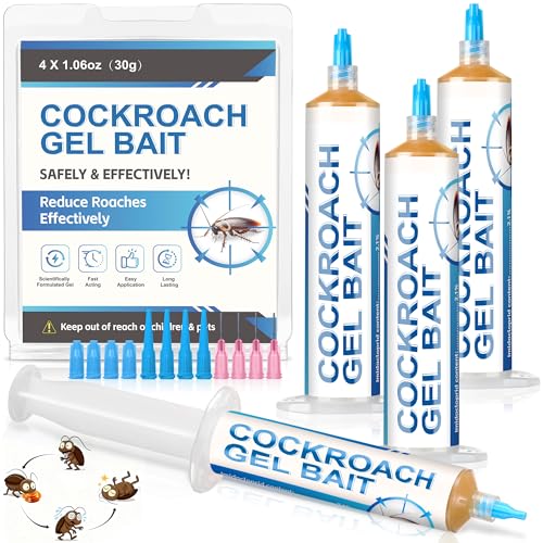 Cockroach Gel Bait Set, 4 Tubes x 30g,4 Plungers and 4 Tips, Targeted Roach Control Gel for German Common Cockroach Species, Indoor & Outdoor Application for Kitchen, Bathroom and Hidden Areas