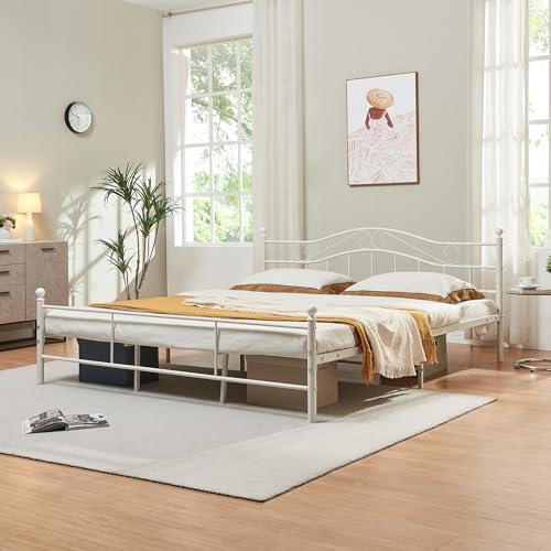 [en.casa] Metallbett Florenz 180x200cm mit Kopfteil Pulverbeschichtet Lattenrost Schlafzimmerbett Doppelbett Bett Weiß Ehebett