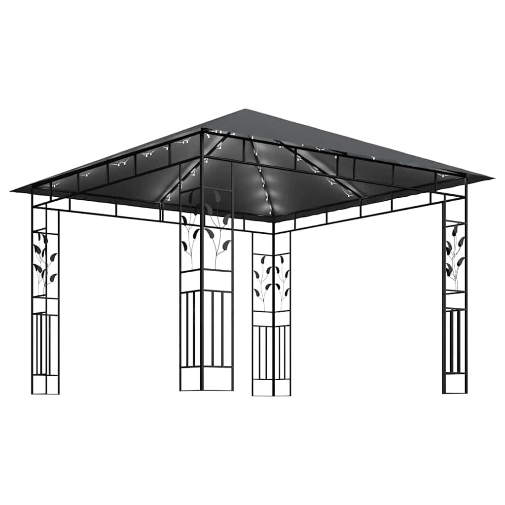 Pavillon 3x3m mit Moskitonetz und Lichterkette, Stabiles Gartenzelt aus pulverbeschichtetem Stahl, Überdachung für Garten und Terrasse, Gartenlaube, Anthrazit