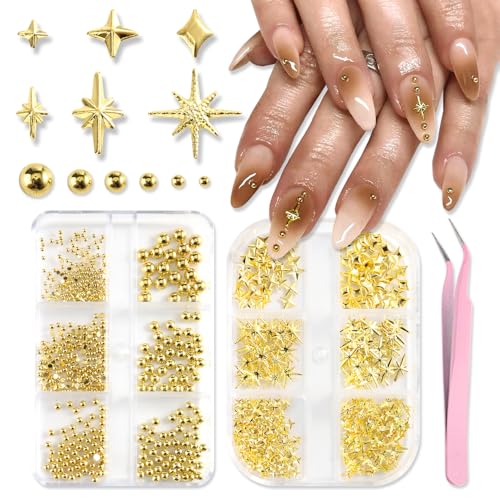 Star Nail Charms for Nails Art, 3D Gold Mixed Styles Stars Metallic Studs Rivets and Small Round Caviar Beads with Tweezers, Nail Jewelry Decorations Manicure Supplies Accessories for DIY Craft