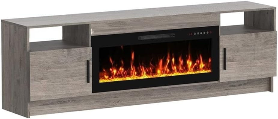 Afuera Living 70" Gray TV Stand with Electric Fireplace, Fits TVs up to 75", Waterproof MDF, 2 Shelves, 2 Cabinets, 12-Color LED Lights, 750W/1500W Heater, Living Room Entertainment Furniture