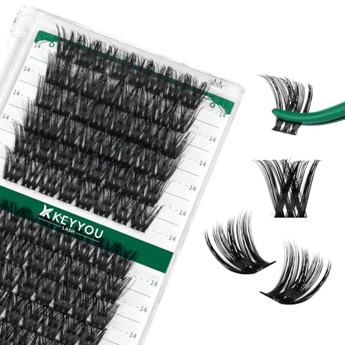 KEYYOU Lash Clusters Kit 144pcs Thick Volume D Curl Eyelash Clusters Lash Extension Kit with Mascara Brush Bond and Seal Glue Remover Applicators and Brush for DIY Lash Extensions (Y02)
