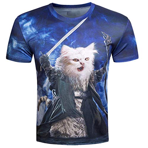 RXBC2011 Men's Short Sleeve Top 3D Printed Wizard Cats T Shirt M Blue