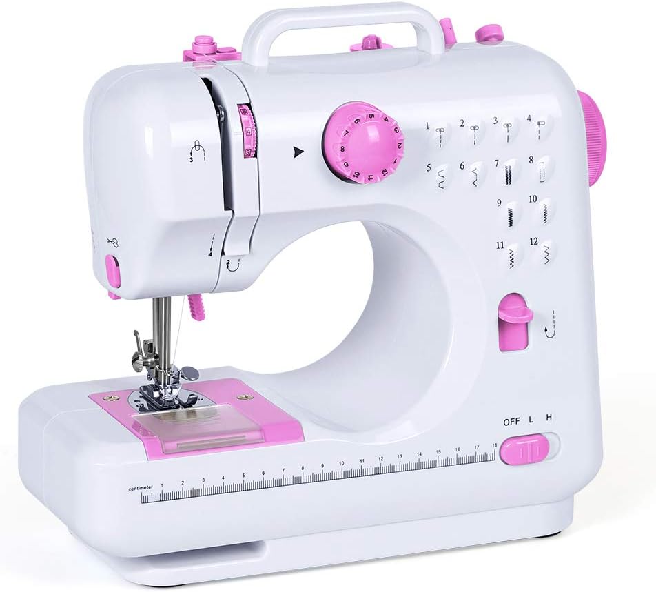 Household Sewing Machine Portable Mini Multi-functional Electric Crafting Mending Machine with 12 Built-In Stitches 2 Speeds Foot Pedal for Beginners Adult Girls Amateurs Pink