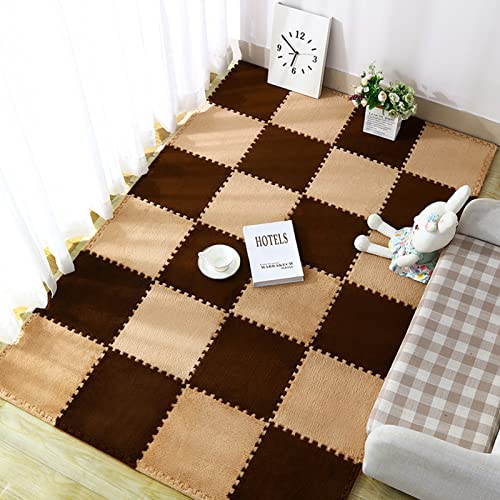 18 Pieces Plush Puzzle Foam Floor Mat,Soft Fluffy Interlocking Foam Tiles,18 Tiles / 69.75 Sq.ft Area Rugs,23.6"X23.6" Carpet Squares For Classroom Home(Color:khaki+Brown) #TOP15