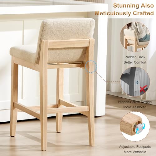 Image of Zesthouse Wooden Counter Height Stools Set of 4, 26 inch Modern Bar Stools with Upholstered Back & Solid Wood Leg, Mid Century Modern Heavy Duty Barstools, Beige Linen Fabric High Chair for Kitchen Island
