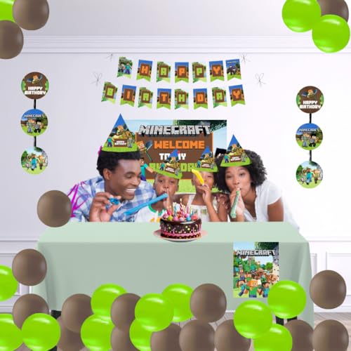 Image of PRETTY UR PARTY Minecraft Party Decorations Kit - 80 pcs Includes Bunting Balloons centerpiece danglers, Birthday Decoration Items, Birthday Party Supplies Decor, Birthday Banner for Girls Boys Kids