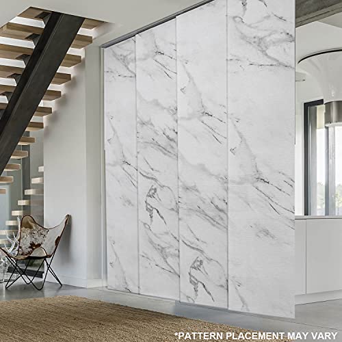 Godear Design Deluxe Adjustable Sliding Panel Track Blind 45.8"- 86" W X 96" H, Extendable 4-Rail Track Blind For Patio Door, Trimmable Pleated Natural Woven Fabric, Marble Printed Pattern, Statuario #TOP1