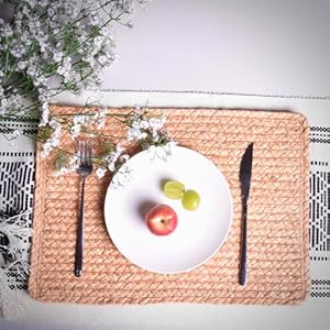   Handwoven-Water-Hyacinth-Placemats-Set-of-6-Eco-Friendly-Wicker-placemats-with-Holder-Rustic-Kitchen-Accents-Square-Placemats-Water-Hyacinth-Oblong-16-inch
