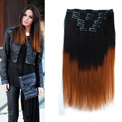 Better Length 24 Inch Ombre Straight Hair Extensions Clip ins Virgin Brazilian Hair Natural Black to Copper Red T1B/30 100% Unprocessed Human Hair 7pcs/set 16Clips For Beauty (24