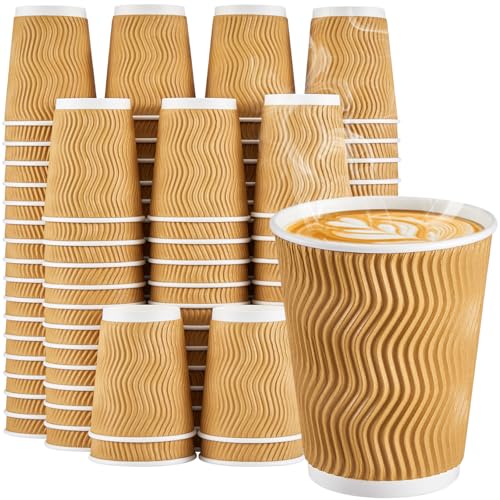 SIUQ 8 oz Coffee Cups - 150 Pack, Insulated Disposable Paper Cups 8 oz, Corrugated Ripple Wall Cups for Hot Beverage or Cold Drinks (Champagne)