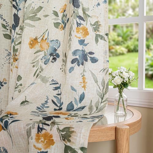 Image of MYSKY HOME Floral Linen Curtains 84 inch Length 2 Panels Set Patterned Semi Sheer Light Filtering Privacy Farmhouse Grommet Drapes for Living Room Bedroom, Yellow and Blue, 52 inch Wide Each Panel