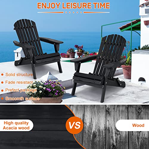 Folding Adirondack Chair Set Of 2 Patio Chairs Weather Resistant Folding Outdoor Chair Solid Wooden Heavy Duty Reclining Fire Pit Chair For Deck, Lawn, Backyard, Garden-Black #TOP1