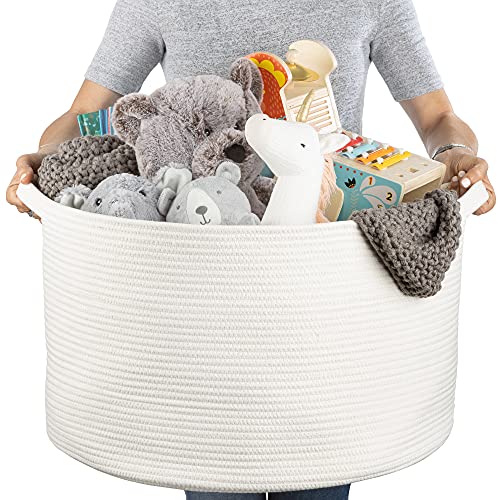 XXL Cotton Rope Basket (22â€x14â€), White, 100% Natural Cotton, Extra Large Woven Storage Basket, Blanket Basket Living Room, Toy Storage Basket, Pillow Basket, Laundry Basket, Round Basket, Baby Hamper