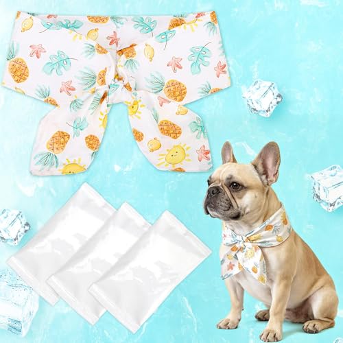 EXPAWLORER 犬 クールネック 夏 保冷剤付き 犬用ネッククーラー 冷感バンダナ ひんやり 暑さ対策 熱中症対策 首冷やす 断熱構造 繰り返し使える おしゃれ 軽量 夏用 散歩 アウトドア ペットクールスカーフ 小型犬 中型犬 大型犬 フレブル （ホワイト パイナップル、M）