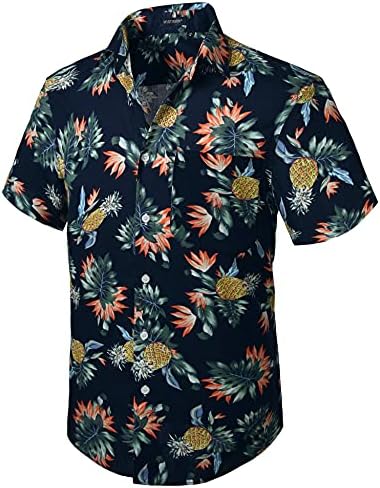 HISDERN Mannen Gekke Hawaïaanse shirts korte mouwen voorzak vakantie zomer Aloha gedrukt strand casual Hawaii shirt S-2XL, Zwart/Oranje, XL