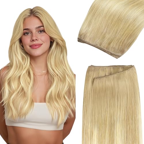 GOO GOO Sew in Hair Extensions Real Human Hair, Weft Hair Extensions Human Hair, 18A/60 Blonde Balayage 16inch 100g, Weft Bundles Straight Silky Remy Hair