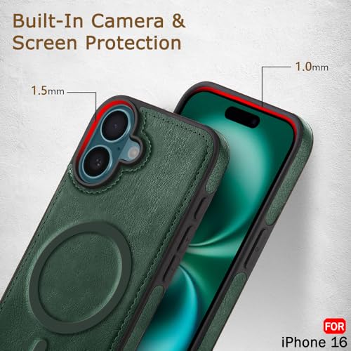 Image of TheGiftKart Genuine Leather Finish Back Cover Case for iPhone 16 | Shockproof Design | Raised Edges for Camera & Screen Protection | Stunning Minimalist Design Case Cover (Compatible MagSafe, Green)