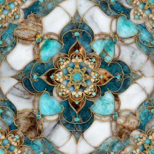 IOHEFY 10pcs Floor Tiles Self Adhesive 12x12 Inch Teal White and Brown Peel and Stick Vinyl Flooring Planks Moroccan Floral Pattern for Kitchen Bathroom Bedroom Living Room Home Renovation DIY Decor