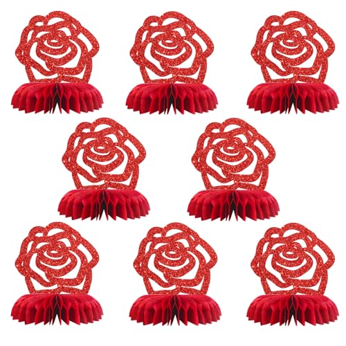 Rose Flower Table Honeycomb Centerpieces Decorations - Glitter 8 Pcs Marriage Anniversary Party Table Toppers Decor - Wedding - Engagement - Women Birthday Party Decoration Supplies