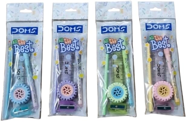 Image of Doms All The Best Stationery Kit| Includes 1 Each- Inxify Plus Ballpen Blue Ink, 15 Cm. Scale, Triangular Extra Dark Wooden Pencil, Long Point Sharpener & Tyre Shape Eraser| For Daily Use| Pack of 10