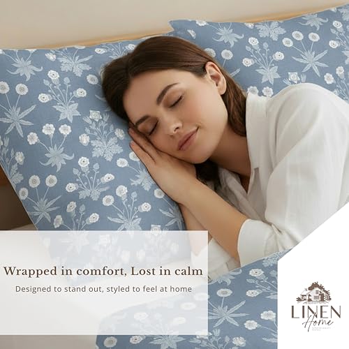 Image of Linen Home Cotton Percale Flat Bedsheet Set King Size Floral Blue
