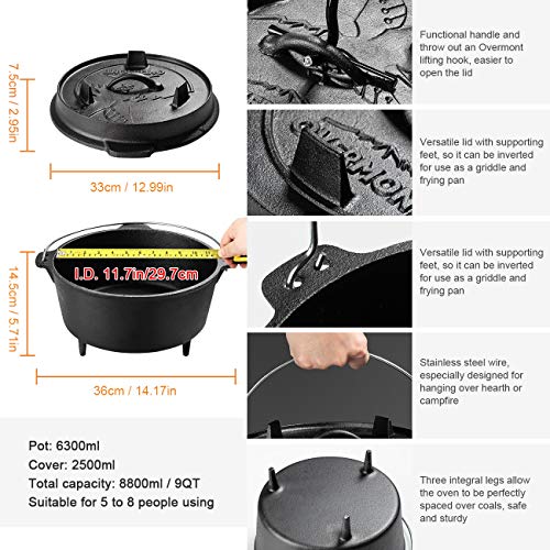 Overmont Overmont 8.8L/ 9Quart All-Round Dutch Oven Dual Function Lid Griddle with Lid Lifter Camping Pre Seasoned Cast Iron Pot - Image 2