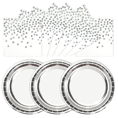 HiEnjoin 50PCS Sliver Paper Plates and Napkins - 25 x 7 Inch Disposable Dessert Plates & 25 Napkins Sliver Cake Plates for Birthday Baby Shower Wedding Disco Party Suppiles