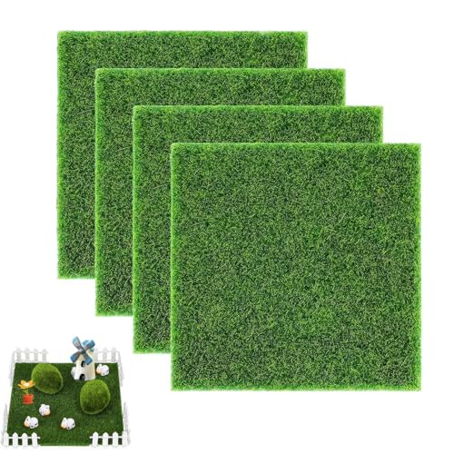 DHWEKU 4 Piezas Estera de Césped Artificial, 15CM x 15CM Césped de Jardín Realista Césped Artificial de Hadas Alfombra de Césped Garden Micro Grass para Decoración de Casa Muñecas Ornamento Jardín