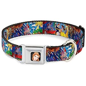 Buckle-Down Seatbelt Buckle Dog Collar – Beauty & the Beast Stained Glass Scenes – 1″ Wide – Fits 15-26″ Neck – Large
