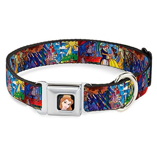Buckle-Down Seatbelt Buckle Dog Collar - Beauty & the Beast Stained Glass Scenes - 1" Wide - Fits 15-26" Neck - Large