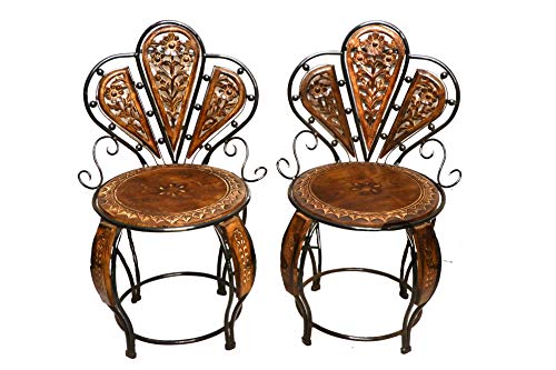 Image of Wood & Wrought Iron Patio Furniture Set Garden & Outdoor /Indoor Furniture (Style 4 - Set of 3)