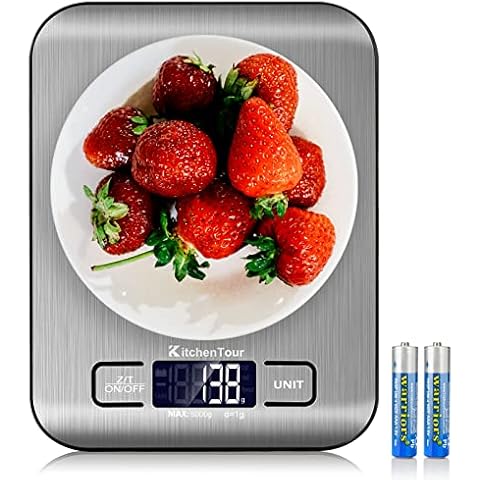 K KitchenTour Food Scale, 5kg/11lb Multifunction Digital Kitchen Scale with 1g/0.01oz Precise Graduation - Stainless Steel Platform with Backlit LCD Display Scale for Cooking,Baking and Mails - Silver Cover